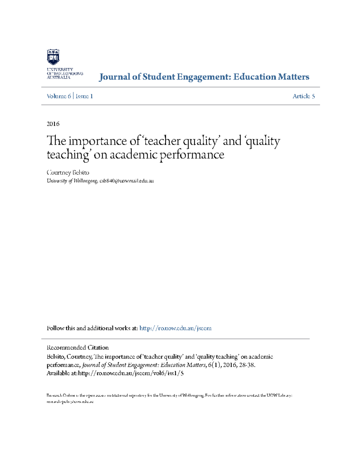 The importance of teacher quality and quality teaching on aca - Volume ...