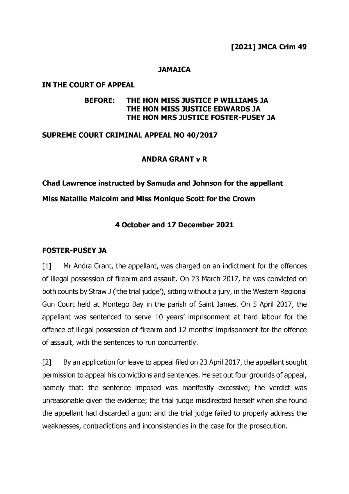 Grant (Andra) v R - Case study - [ 2021 ] JMCA Crim 49 JAMAICA IN THE ...