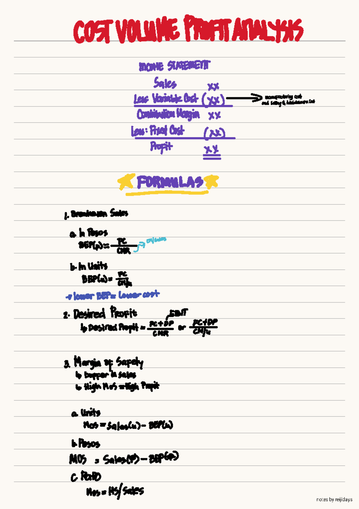 CVP Analysis - notes - COST VOLUME INCOME STATEMENT Sales xx Less ...