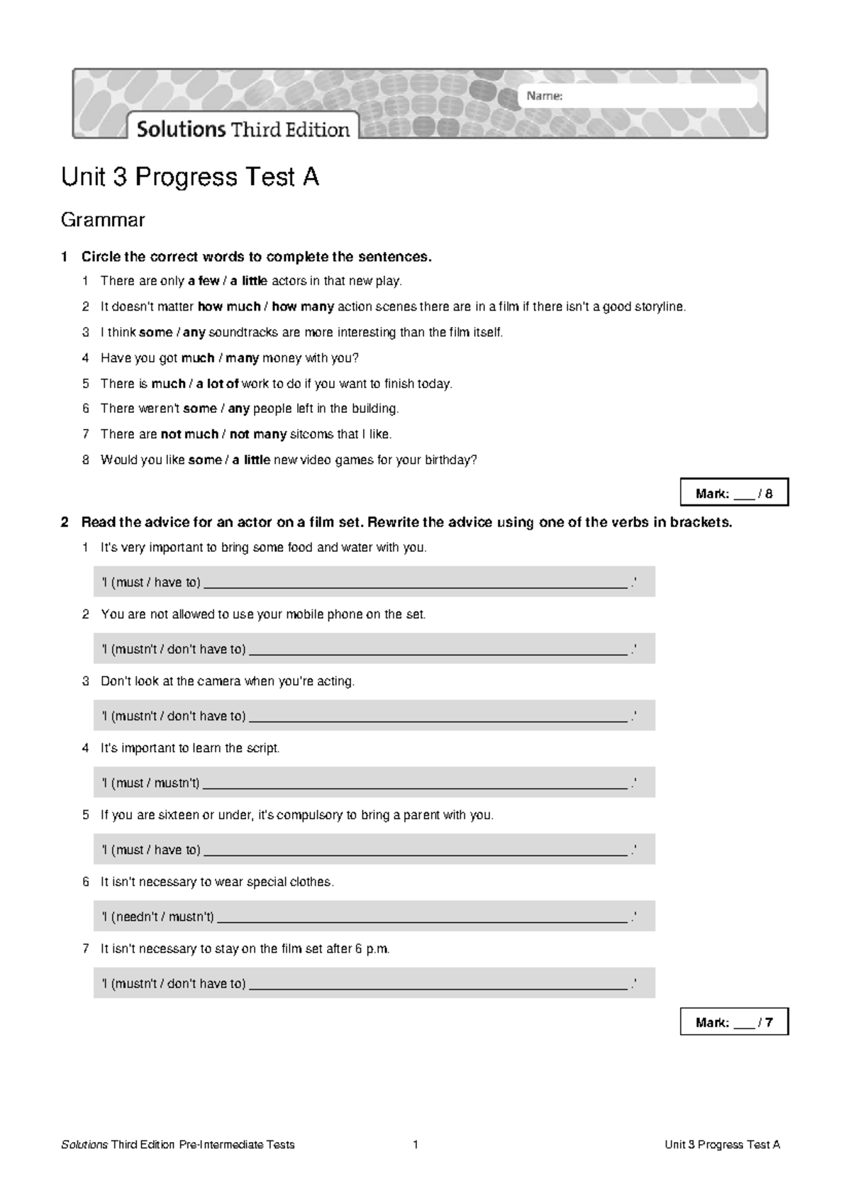 3rd year - 2nd test A - Solutions Third Edition Pre-Intermediate Tests ...