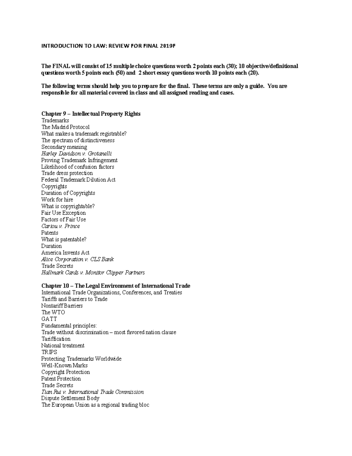 Final Study Guide - INTRODUCTION TO LAW: REVIEW FOR FINAL 2019F The ...