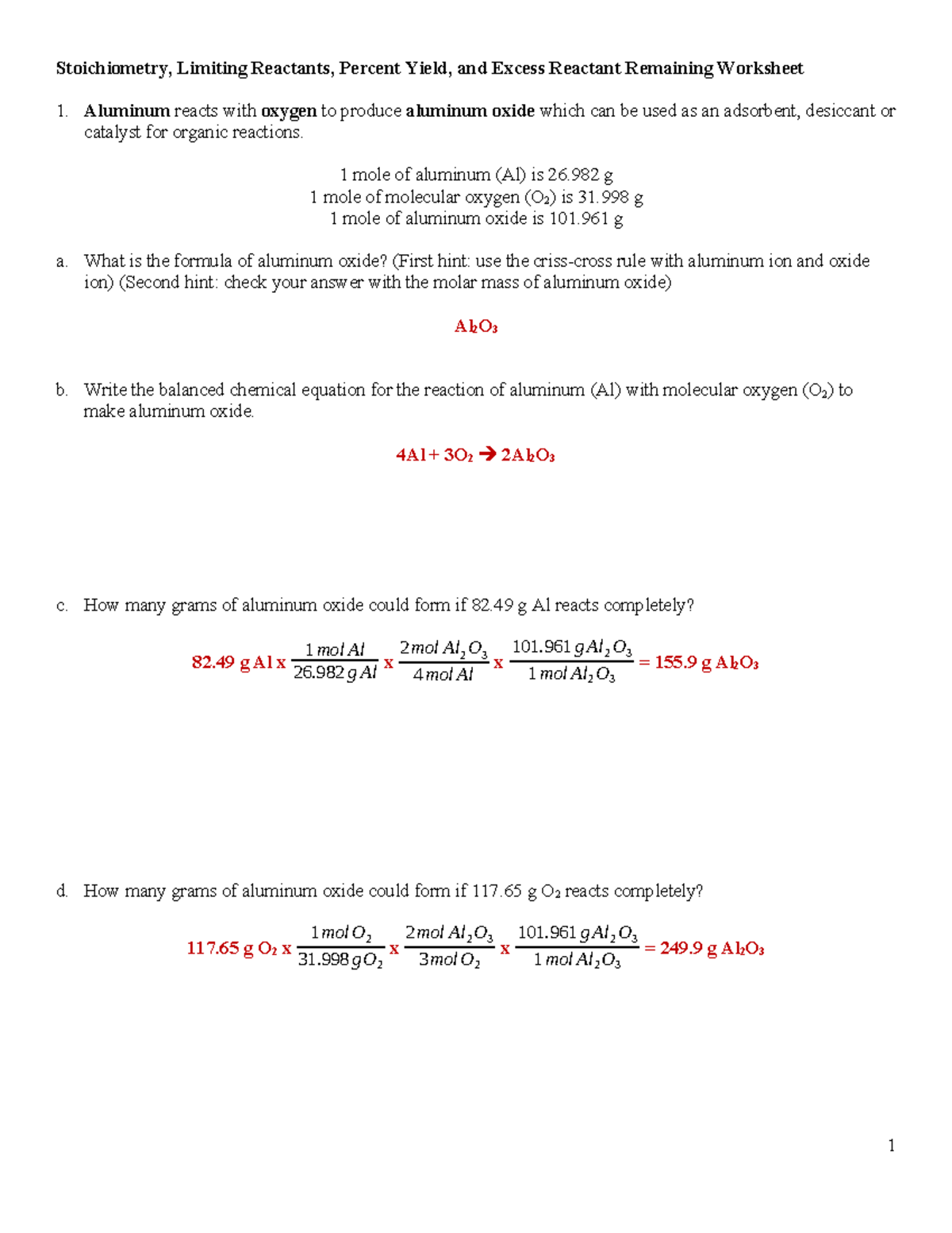 Stoichiometry Limiting Reactant Percent Yield Excess Reactant Remaining