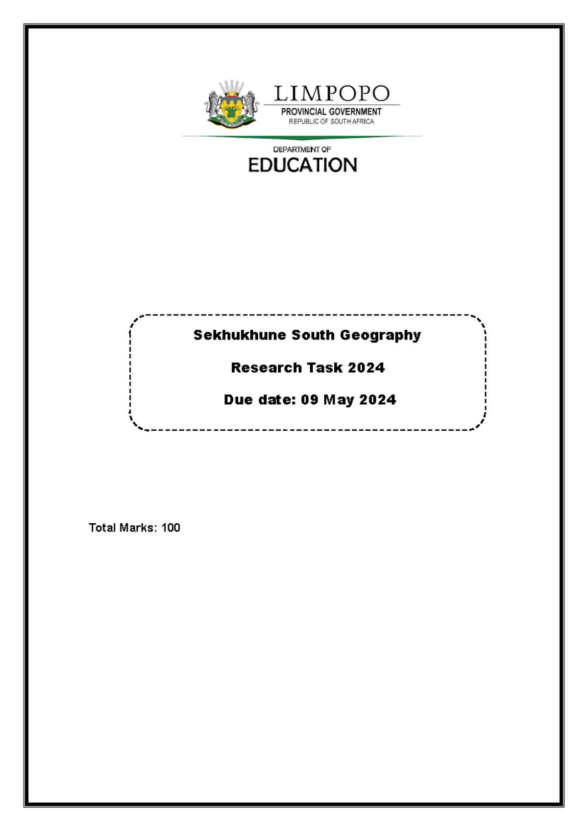 Geog GR 12 Sekhukhune South Reseatch topics 2024 - Total Marks: 100 ...