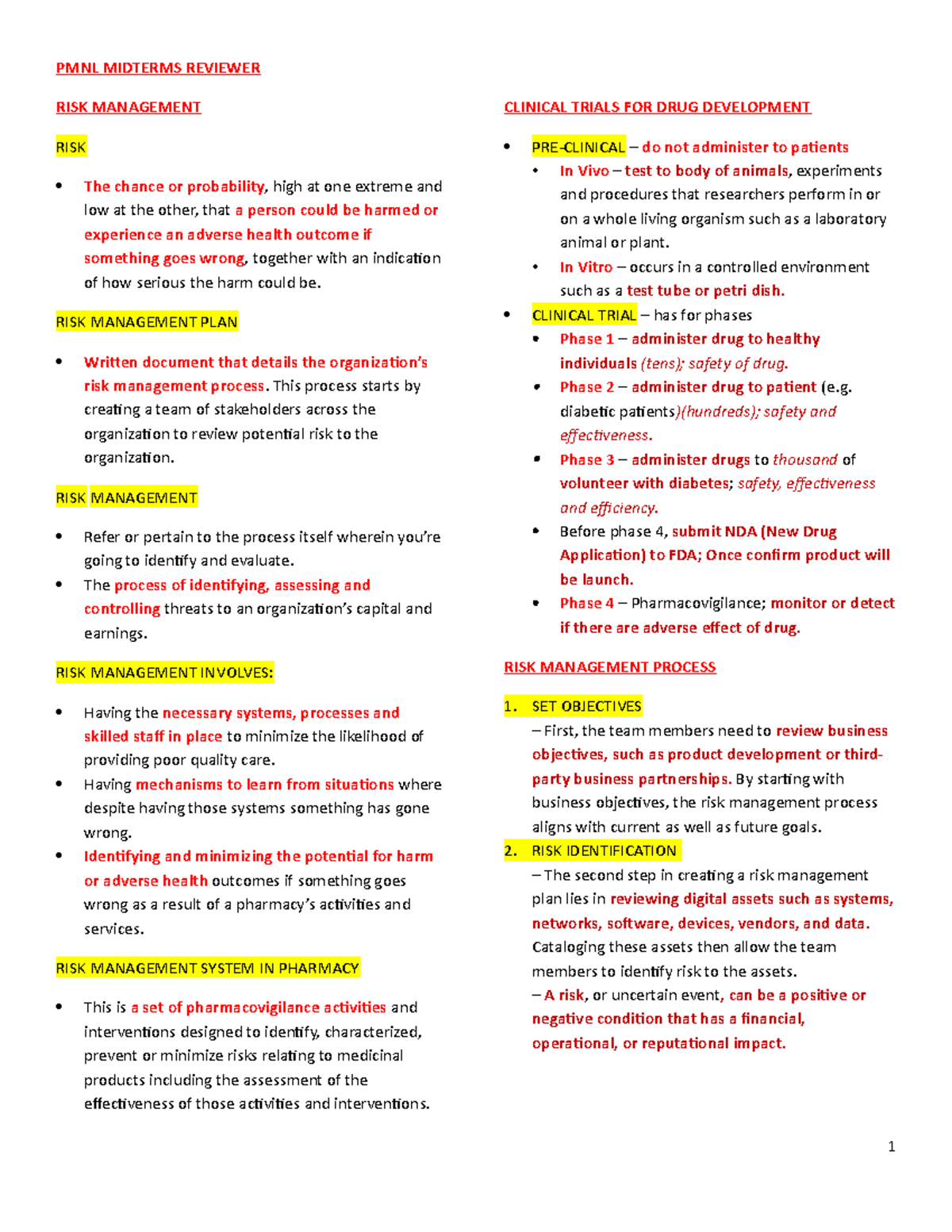 PMNL- Midterms- Reviewer - PMNL MIDTERMS REVIEWER RISK MANAGEMENT RISK ...