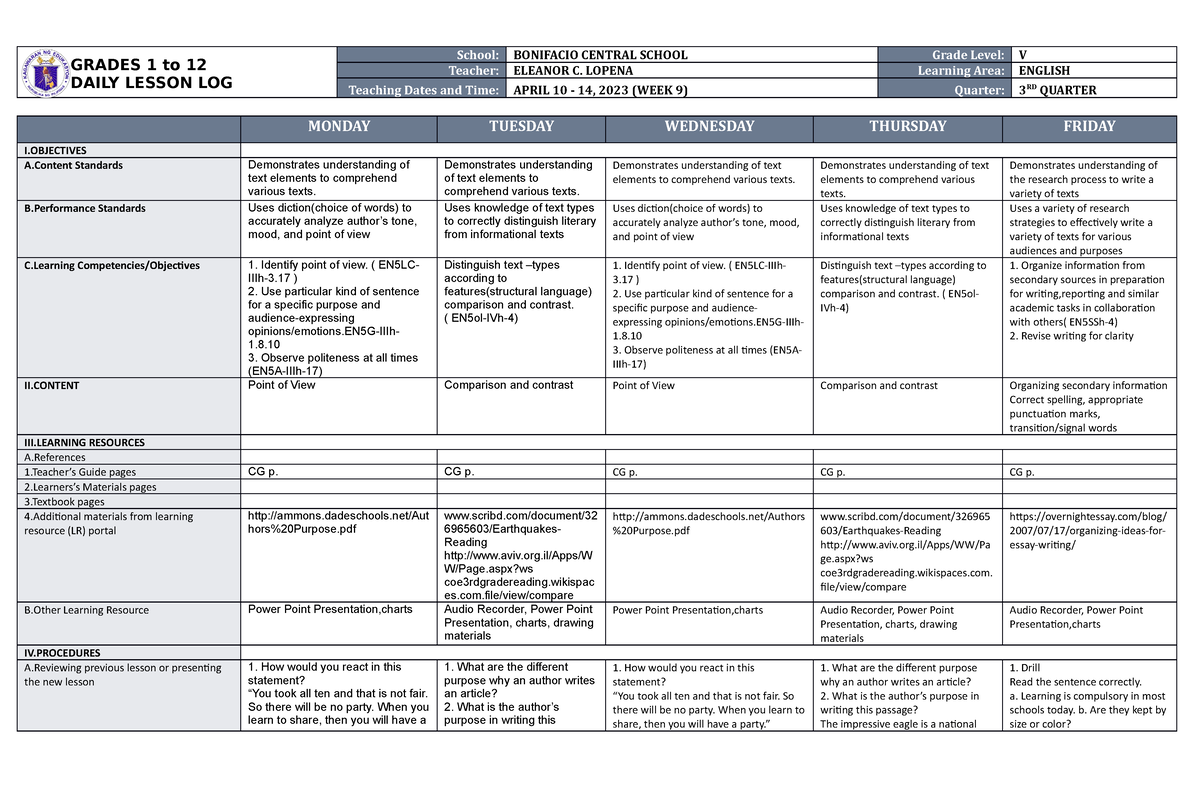 DLL English 5 Q3 W9 - Daily Lesson Log - GRADES 1 To 12 DAILY LESSON ...