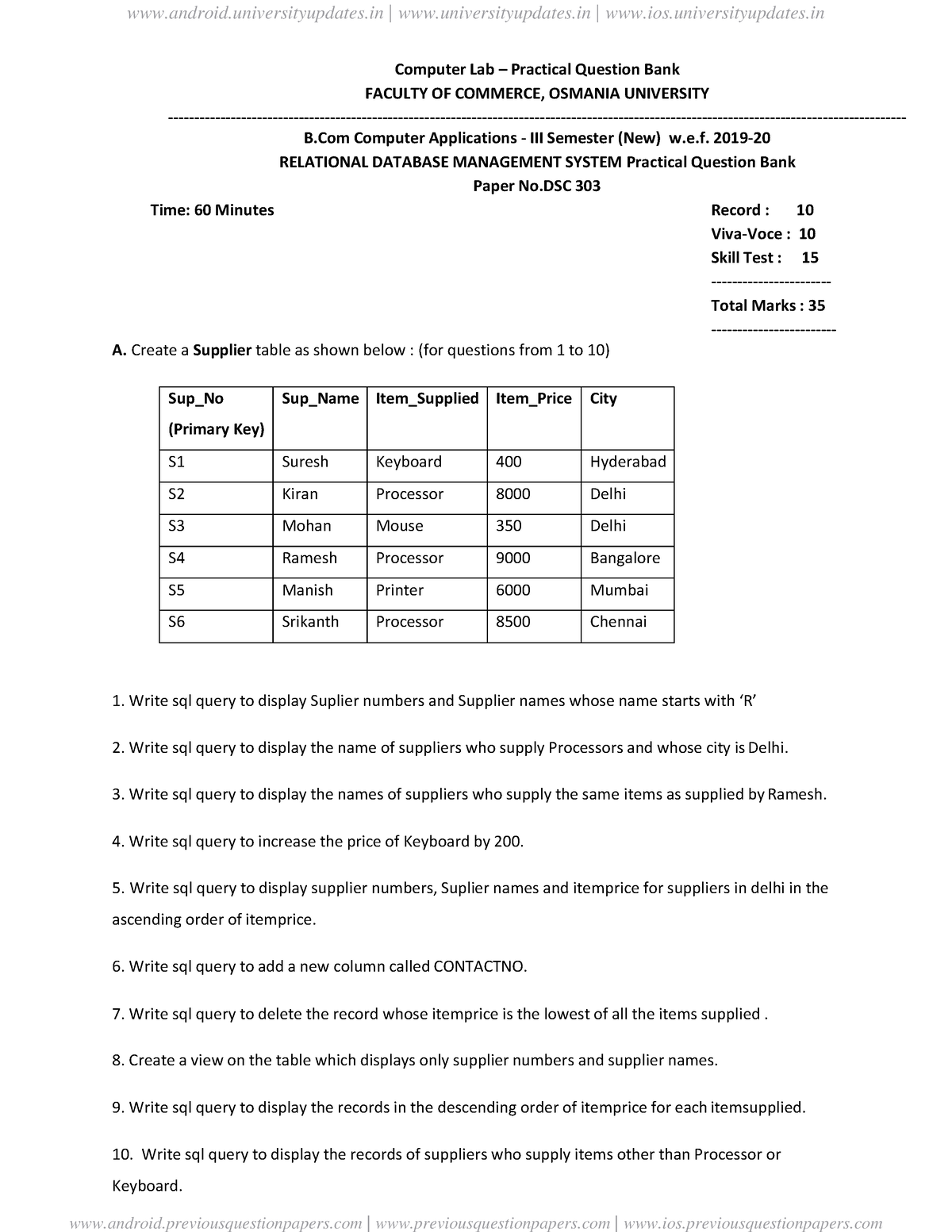 B.com III Sem(CA) Rdbms Lab Qoestion Bank 2019-20 - Computer Lab ...