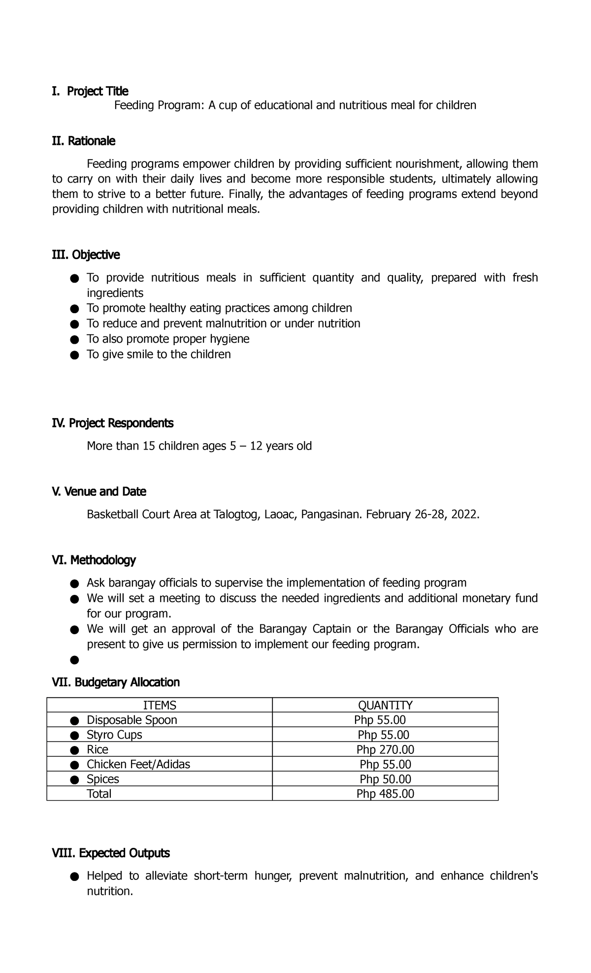 Project Proposal Feeding Program - I. Project Title Feeding Program: A ...