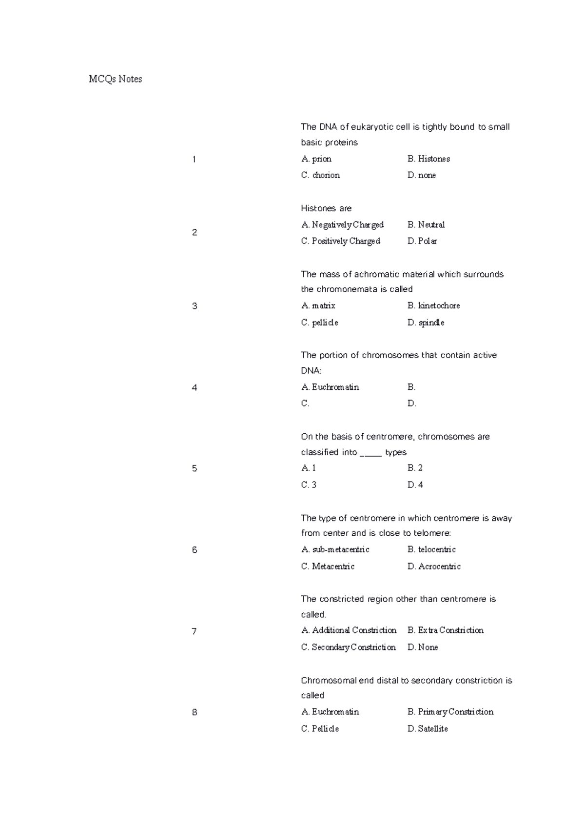 Genetics Notes 1 - ;'op' - MCQs Notes 1 The DNA of eukaryotic cell is ...