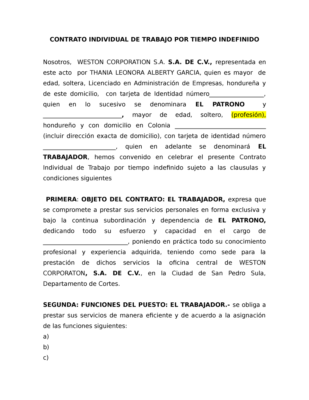 Contrato De Trabajo Por Tiempo Indefinido Contrato Individual De Trabajo Por Tiempo Indefinido 2827