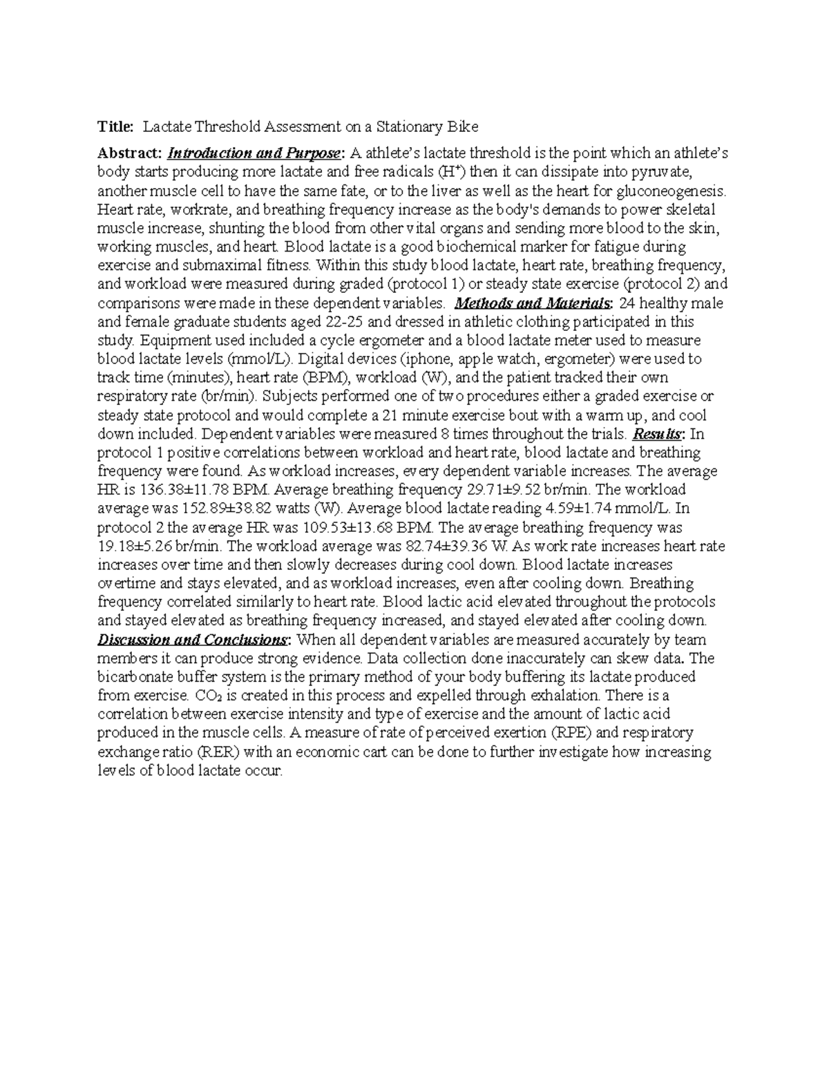 Lab 1 Blood Lactate Response to Exercise Title Lactate Threshold
