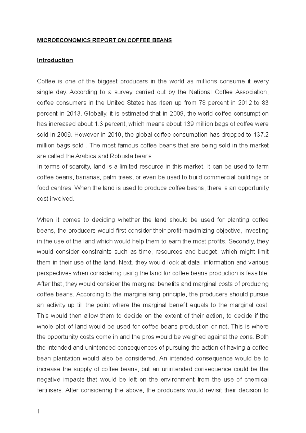 MIEC coffee bean - MICROECONOMICS REPORT ON COFFEE BEANS Introduction ...