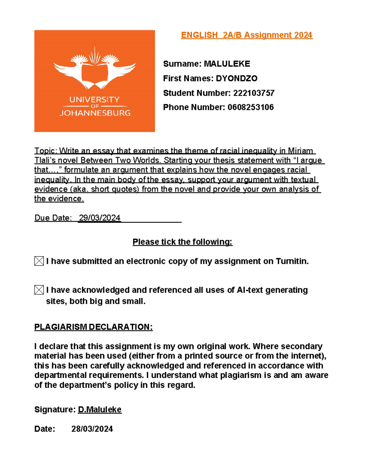 68446 D Maluleke Assignment 1 Mine Boy Between Two Worlds Essay 597051 ...