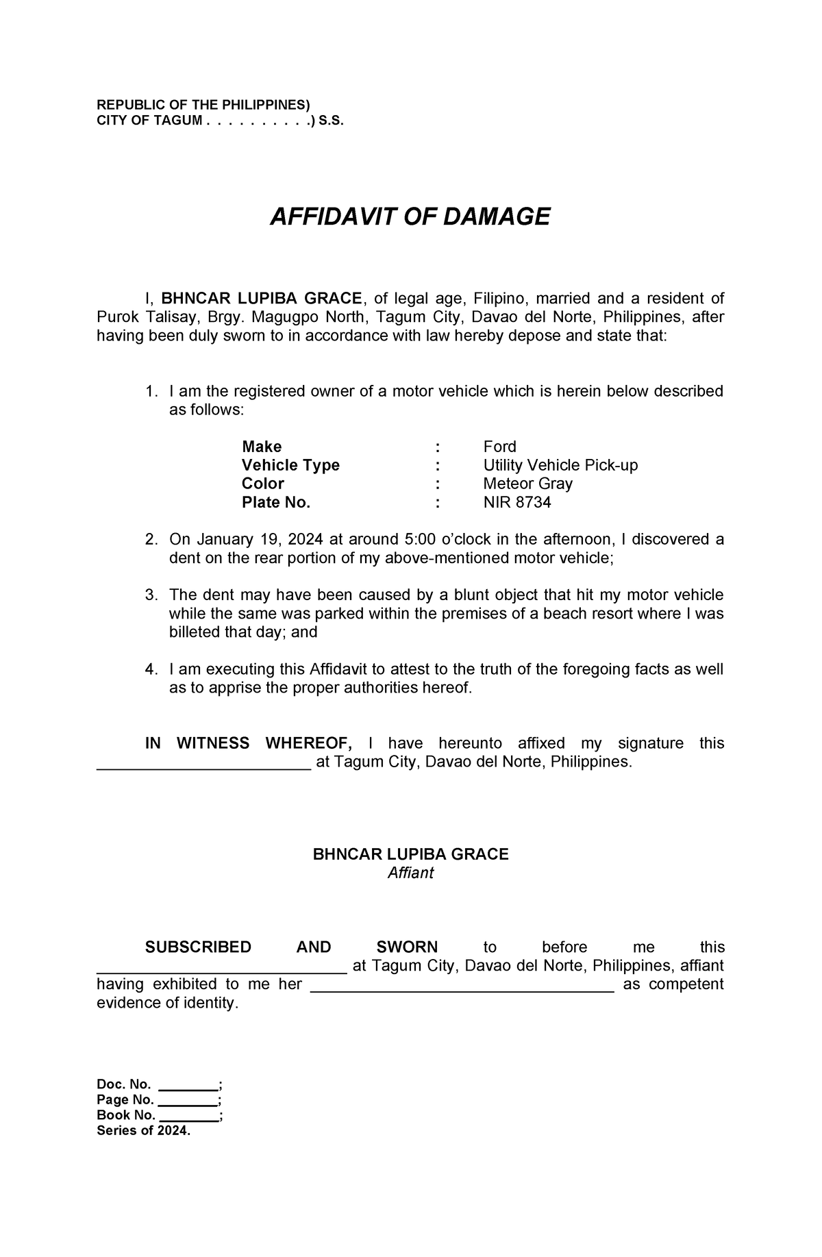 Affidavit Of Damage-bhncar Lupiba - Republic Of The Philippines) City 