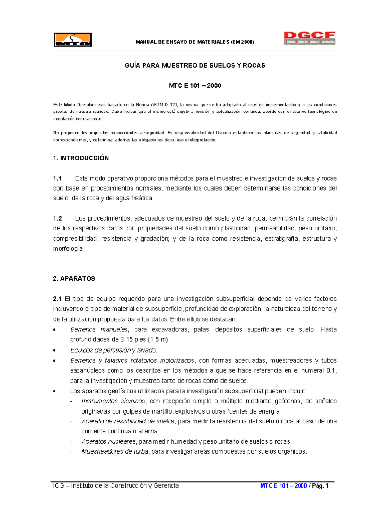 GUÍA PARA Muestreo DE Suelos Y Rocas MTC E 101 2000 - GUÍA PARA ...