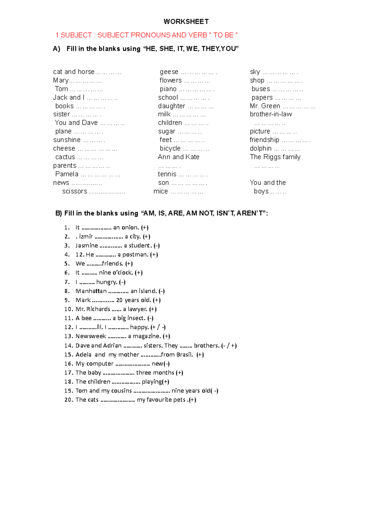Pronouns and verb to be - NSAC - WORKSHEET 1 SUBJECT : SUBJECT PRONOUNS ...