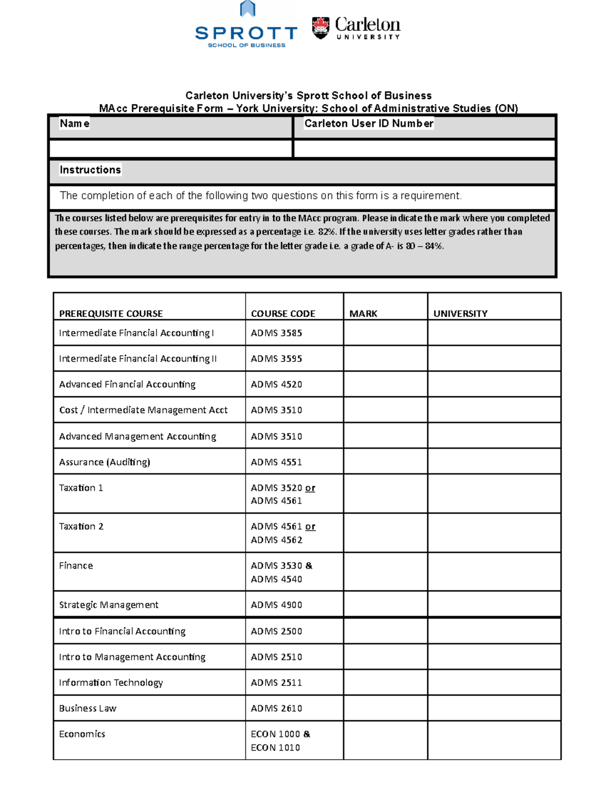prerequisiteform1 Carleton University’s Sprott School of Business