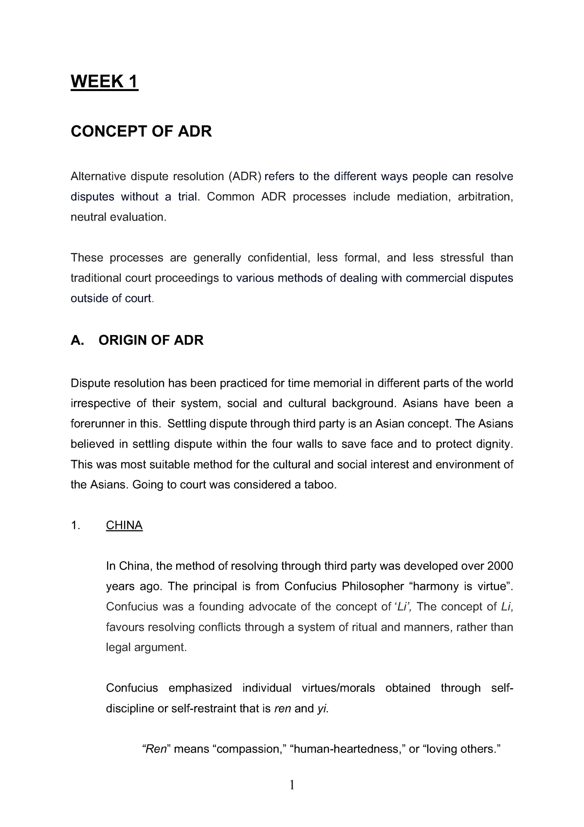 Adr Week 1 Notes Of Alternate Dispute Resolution Week 1 Concept Of