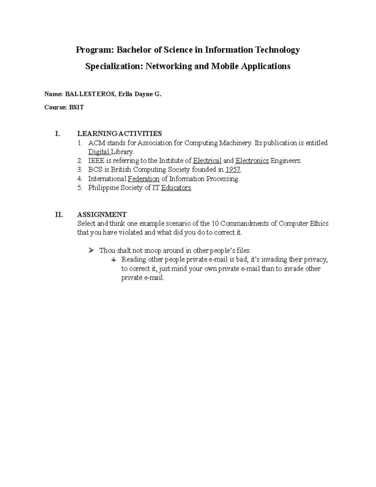 Learning - assignment - Program: Bachelor of Science in Information ...