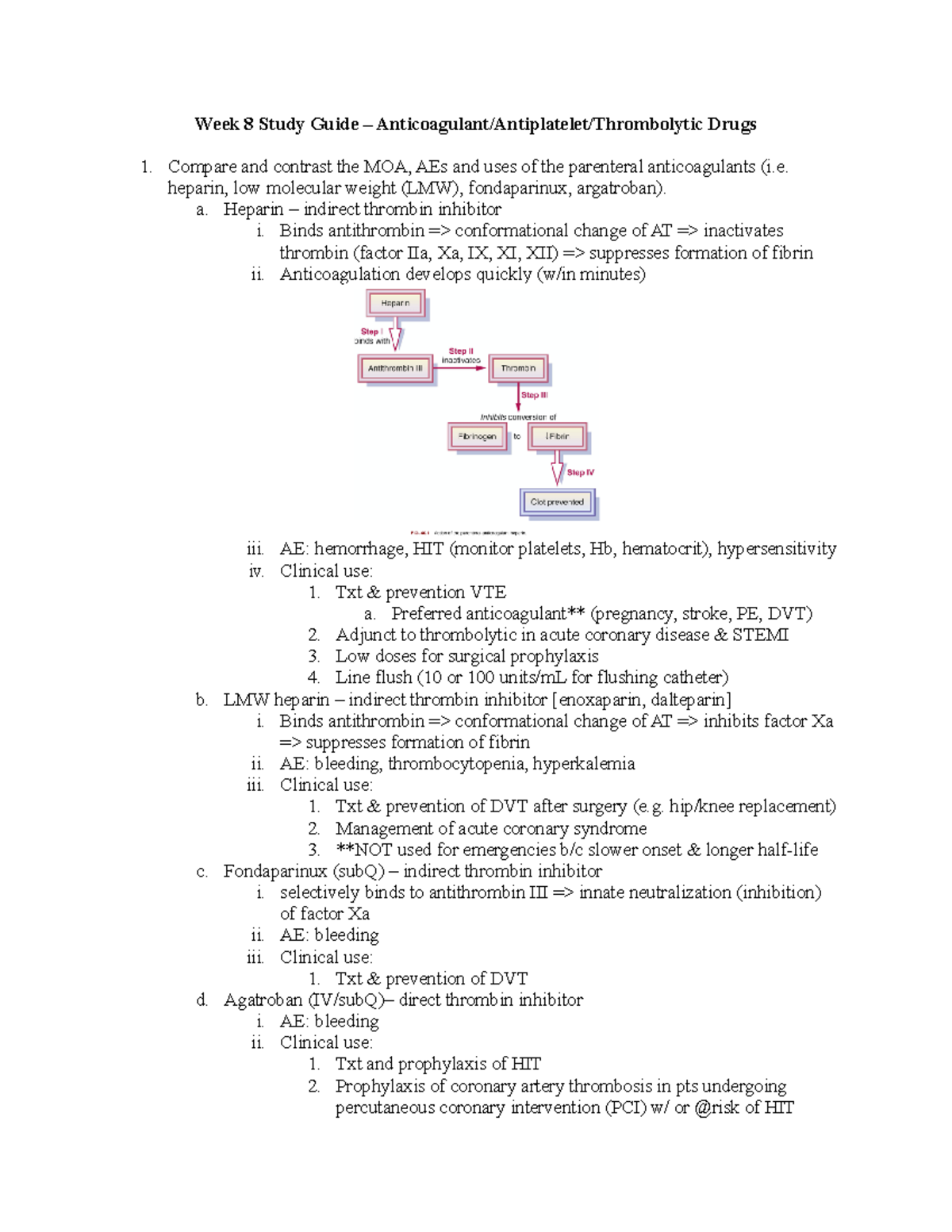 Pharm A Anticoagulant, Thrombolytic drugs Week 8 Study Guide