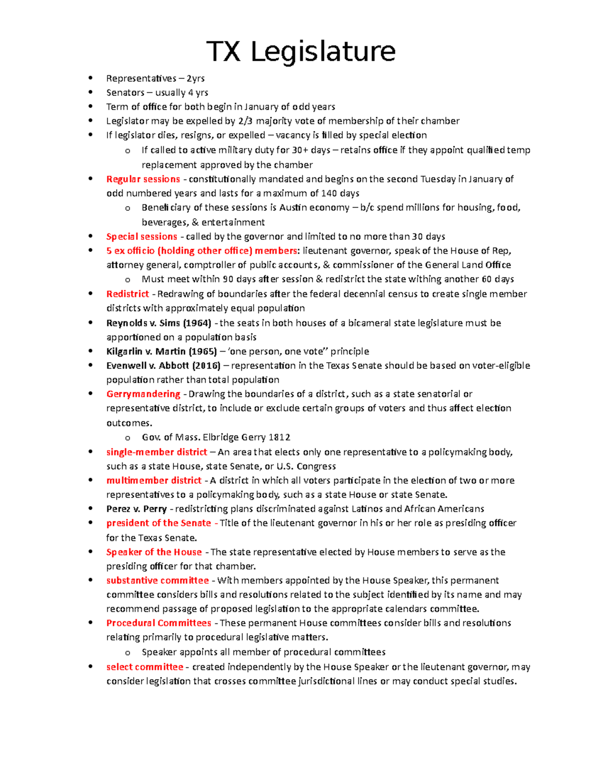 TX Legislature TX County Lecture Notes TX Legislature Representatives 2yrs Senators