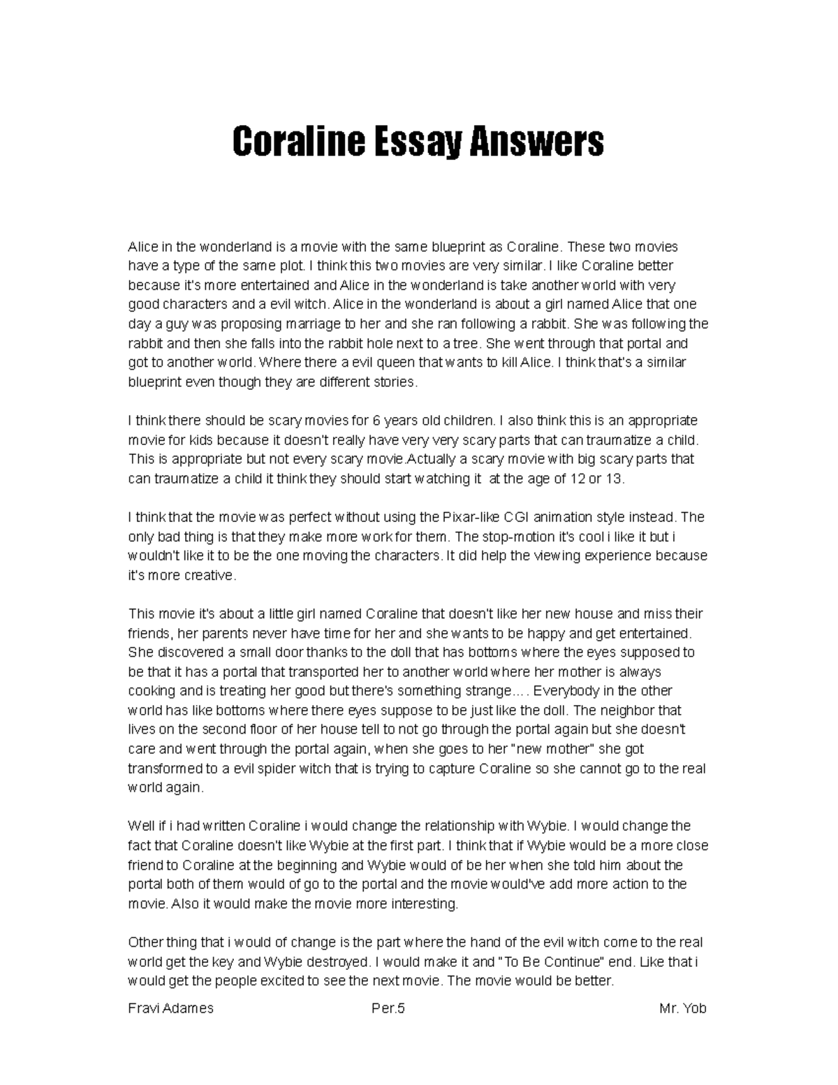 analytical essay on coraline