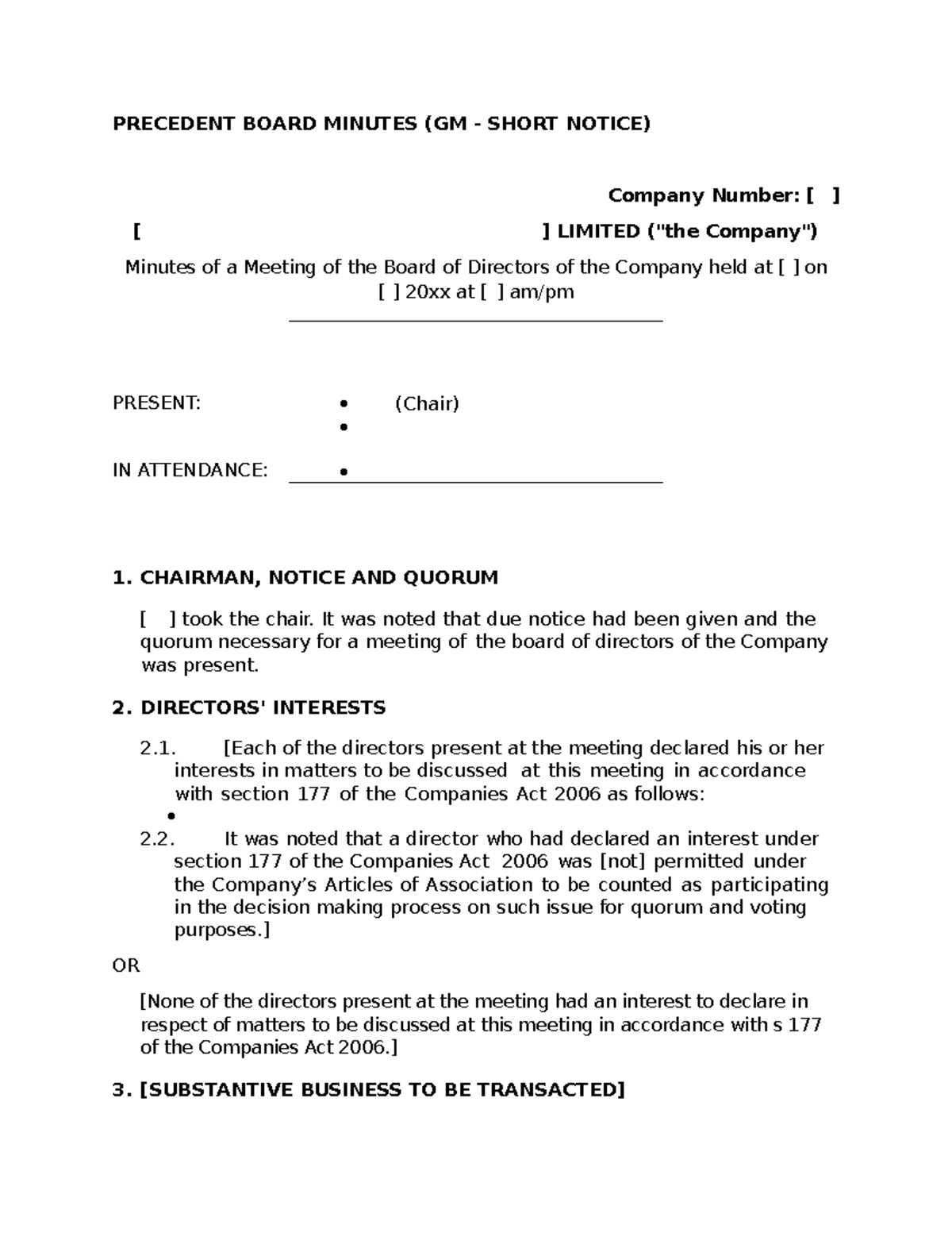 Business Drafting Mock Template - PRECEDENT BOARD MINUTES (GM - SHORT ...