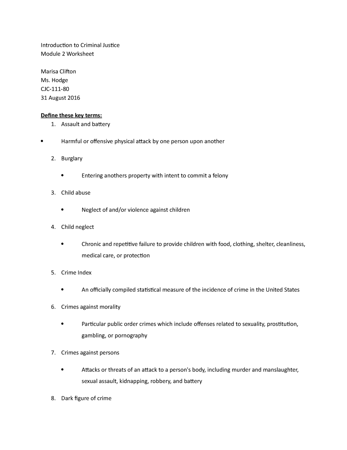Chapter 2 worksheet Introduction to Criminal Justice Module 2