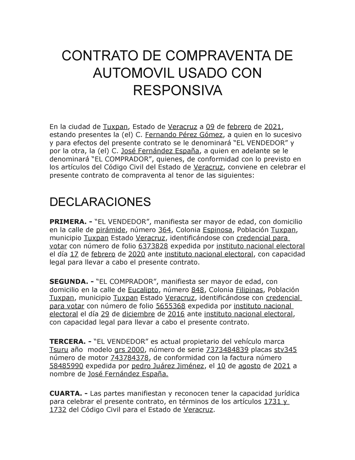 Contrato De Compraventa Contrato De Compraventa De Automovil Usado Con Responsiva En La Ciudad 8411