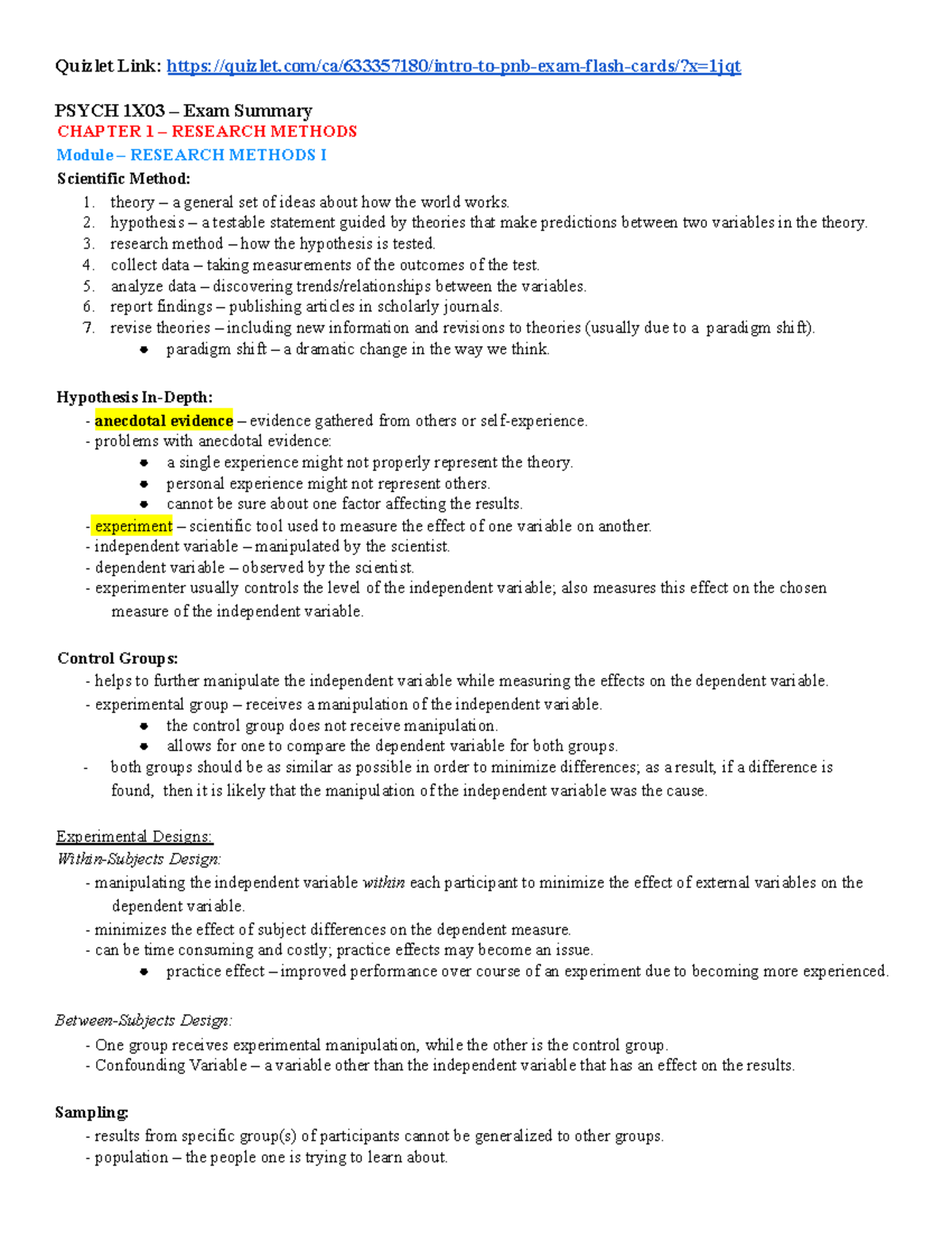 Psych 1x03 Exam Review And Notes - Topics 1-12 - 1X03 - McMaster - Studocu