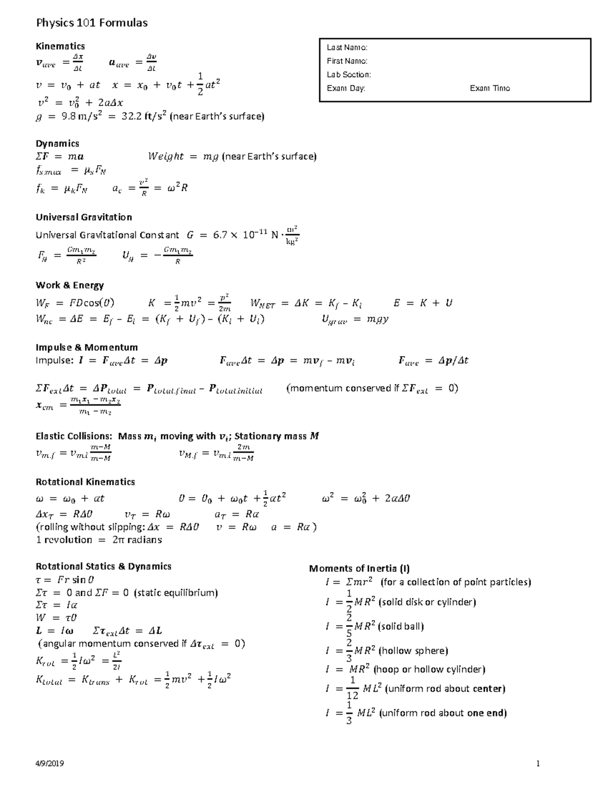 Formula sheet - During class - Physics 101 Formulas 4/9/2019 1 ...