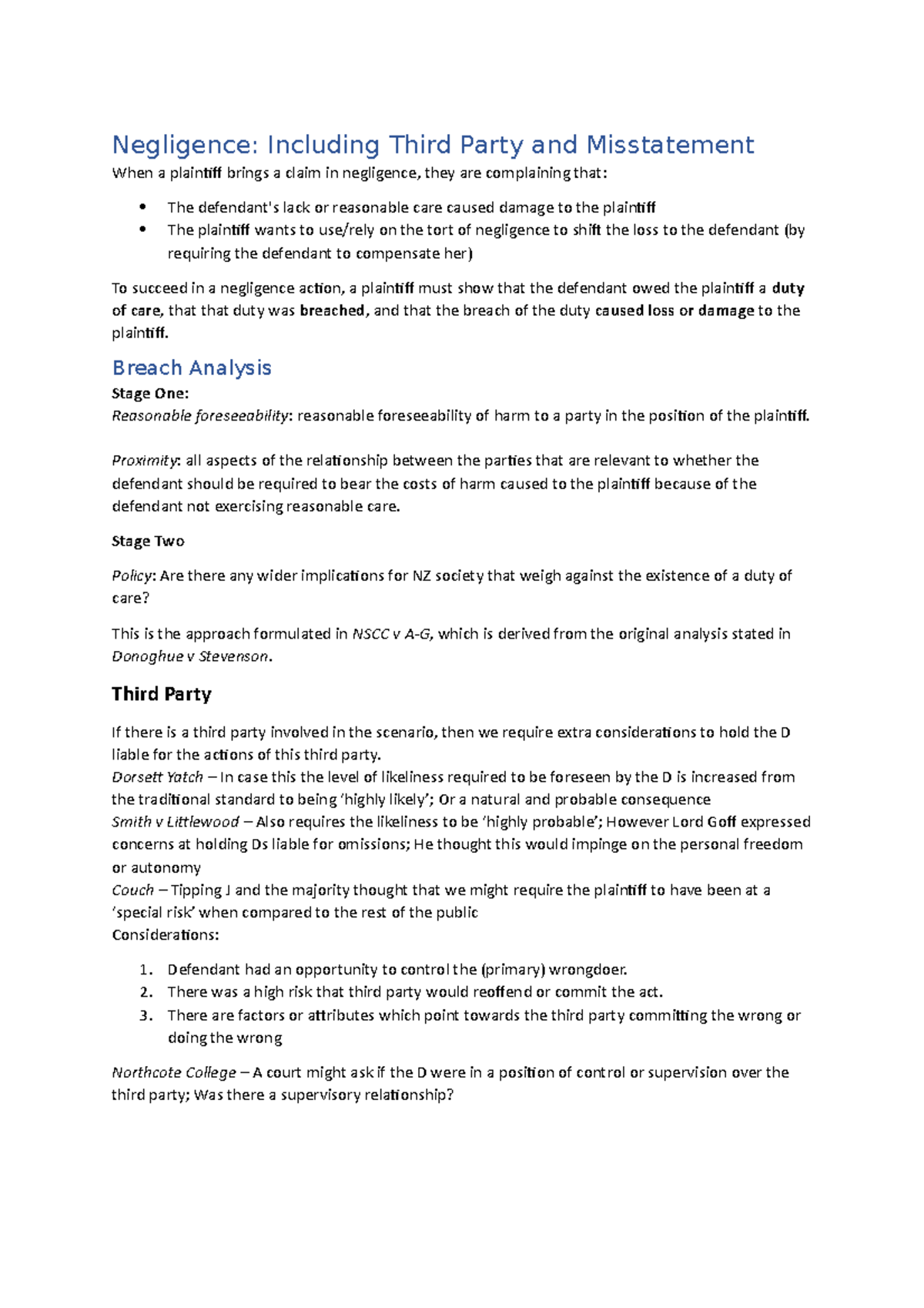 Tort Law Final Exam notes - Negligence: Including Third Party and ...