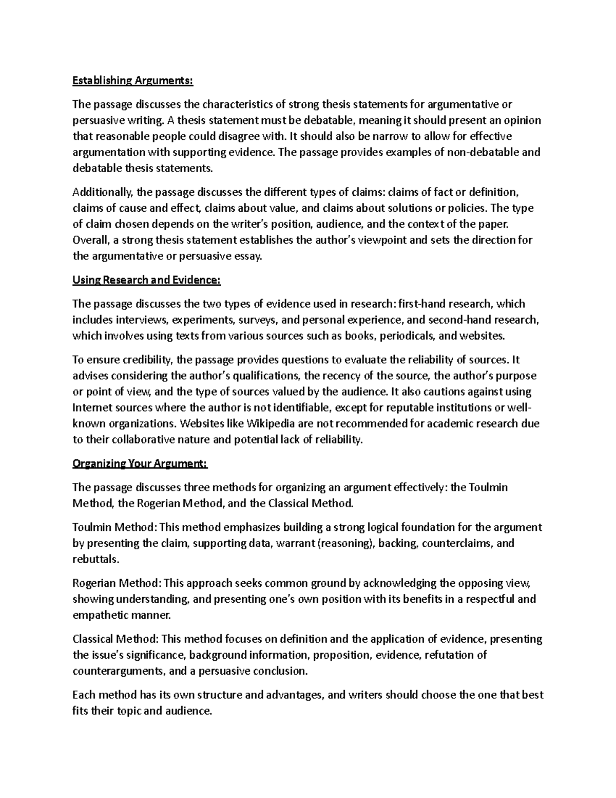 Purdue OWL Establishing Arguments - Establishing Arguments: The passage ...