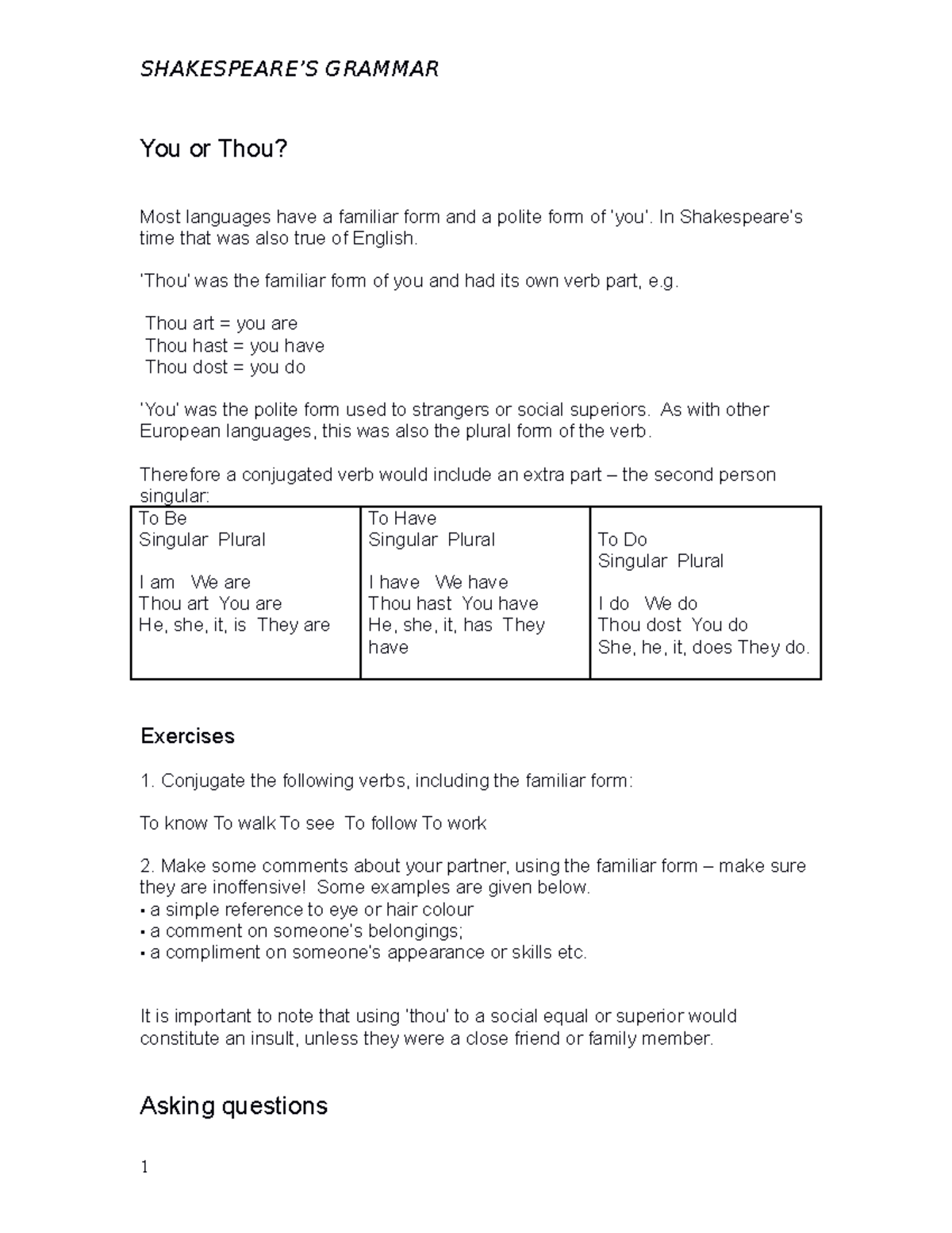 Shakespeares grammar - You or Thou? Most languages have a familiar form ...