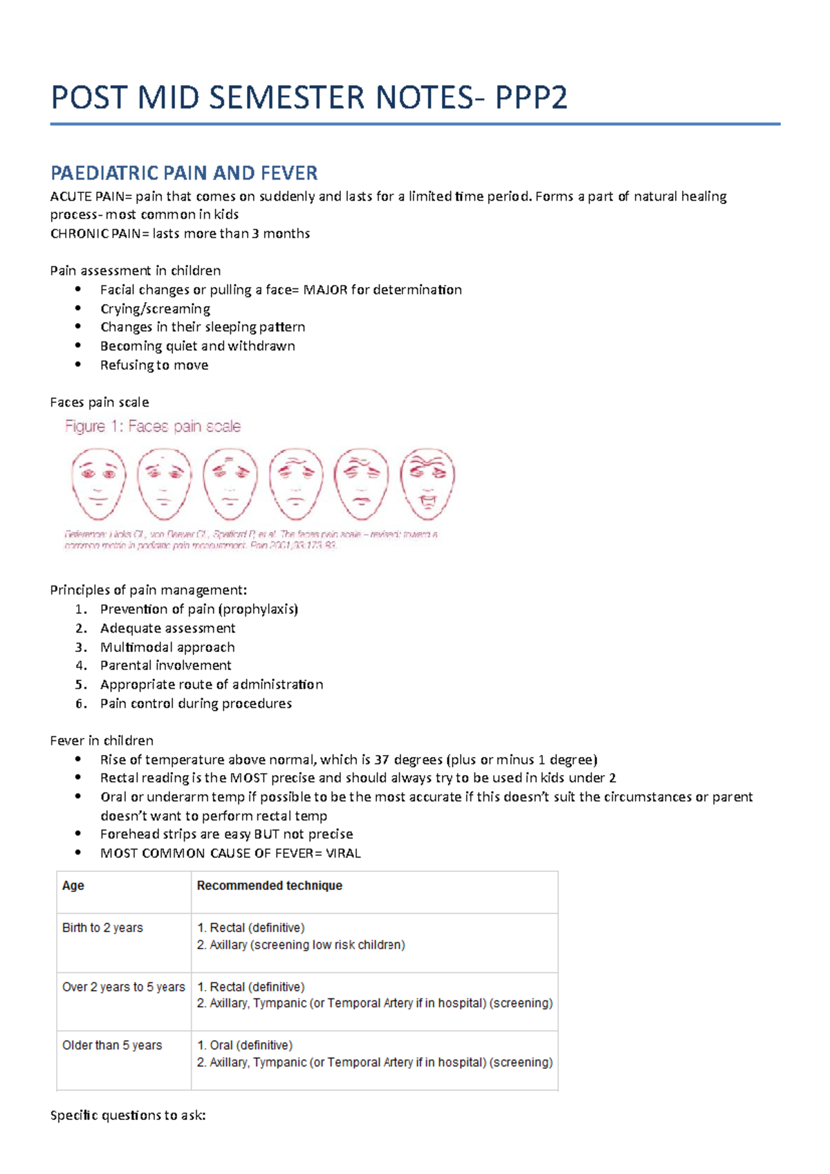 POST- Midsem - POST MID SEMESTER PAEDIATRIC PAIN AND FEVER nal y e ...