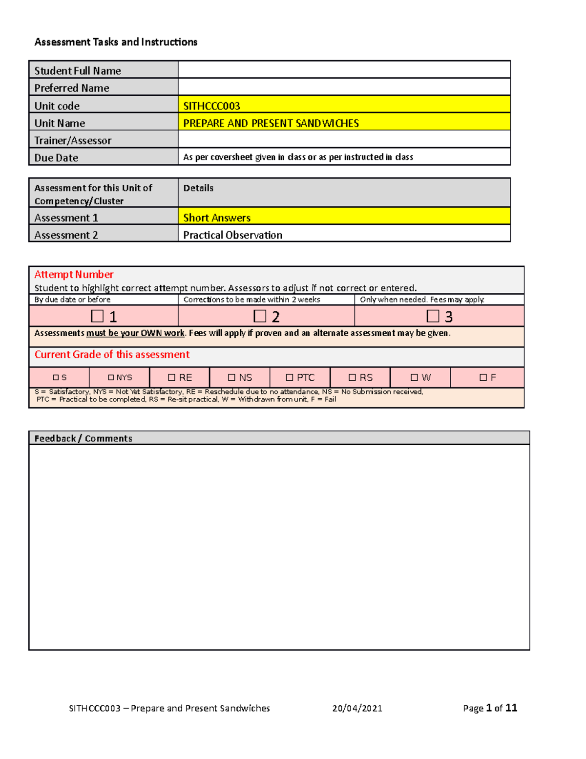 Sithcc001 answer （not full answer） - Assessment Tasks and Instructions ...