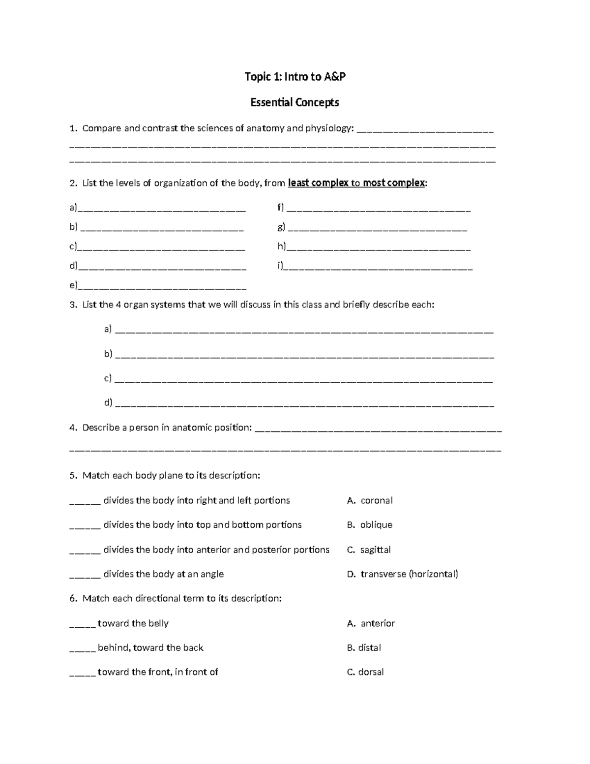 Topic+1+Essential+Concepts - Topic 1: Intro to A&P Essential Concepts ...