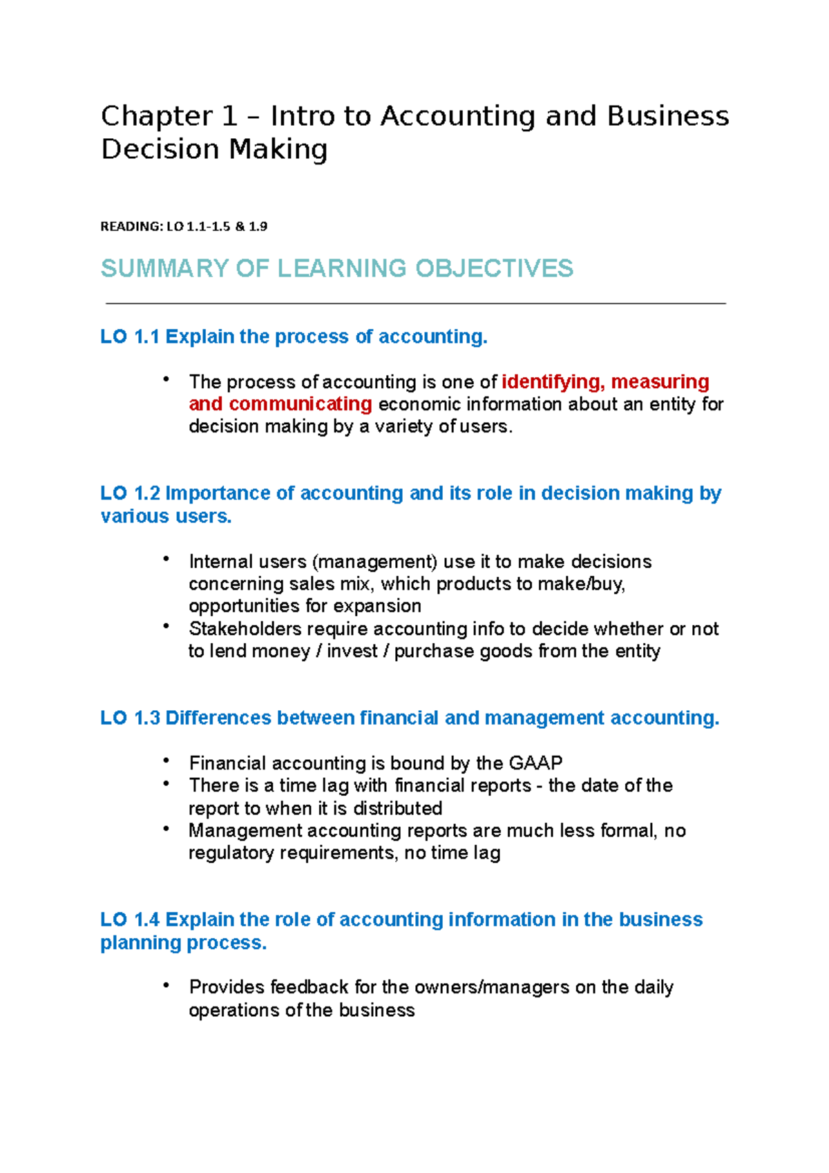 ARA Textbook Chapter 1 Notes - Chapter 1 – Intro to Accounting and ...
