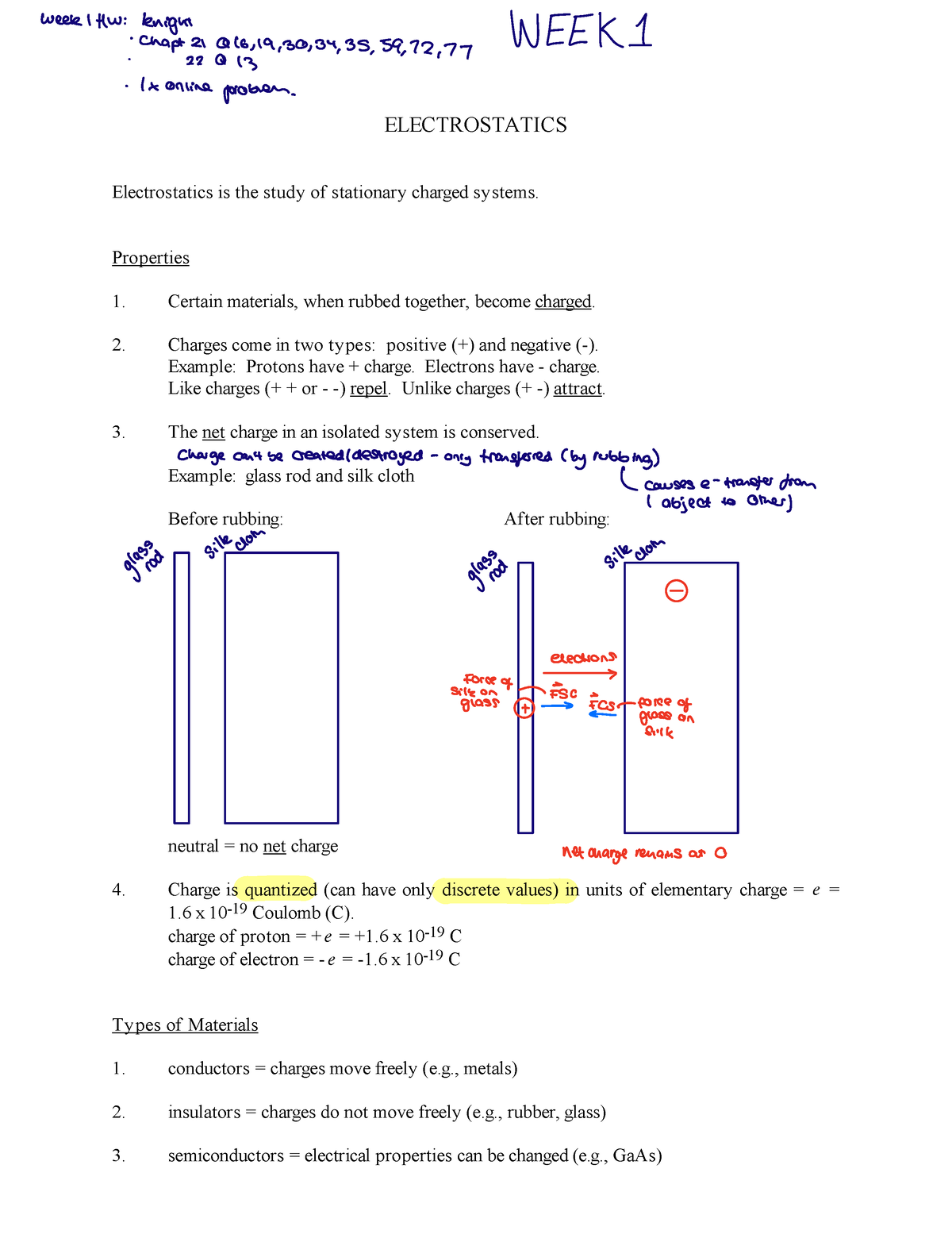 Week 1a Lecture Electrostatics Electrostatics Is The Study Of