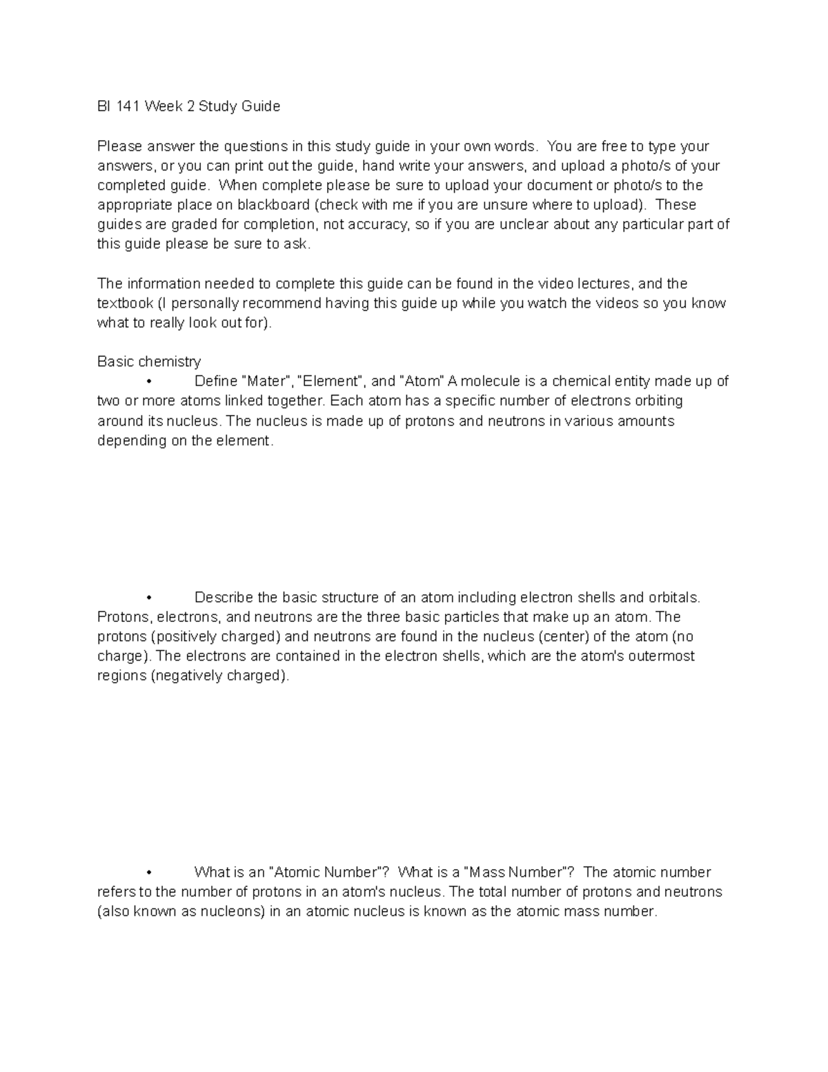 BI 141 Week 2 Study Guide - BI 141 Week 2 Study Guide Please answer the ...