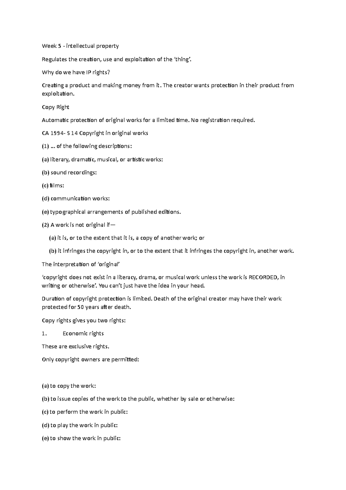 Interlectual property notes - Week 5 - intellectual property Regulates ...