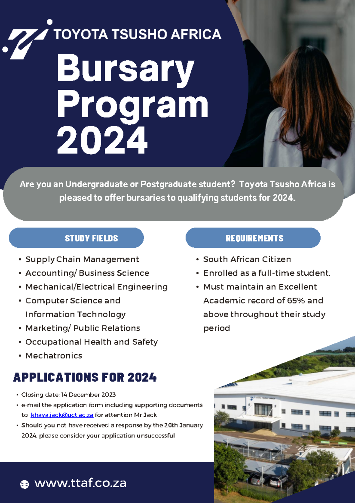 Toyota Bursary Program Advert UCT 2024 • Supply Chain Management