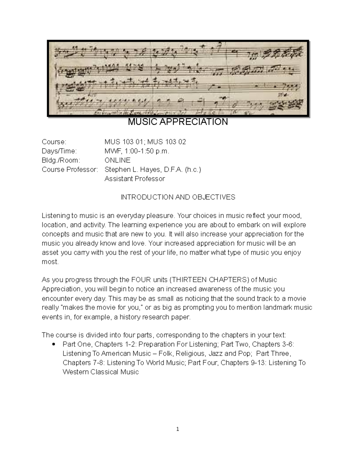 Music Appreciation Syllabus Fall 2020 - MUSIC APPRECIATION Course: MUS ...