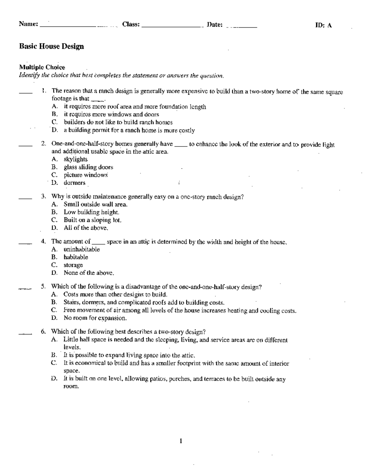 Basic House Design N/A Name _ Class Date ID A Basic
