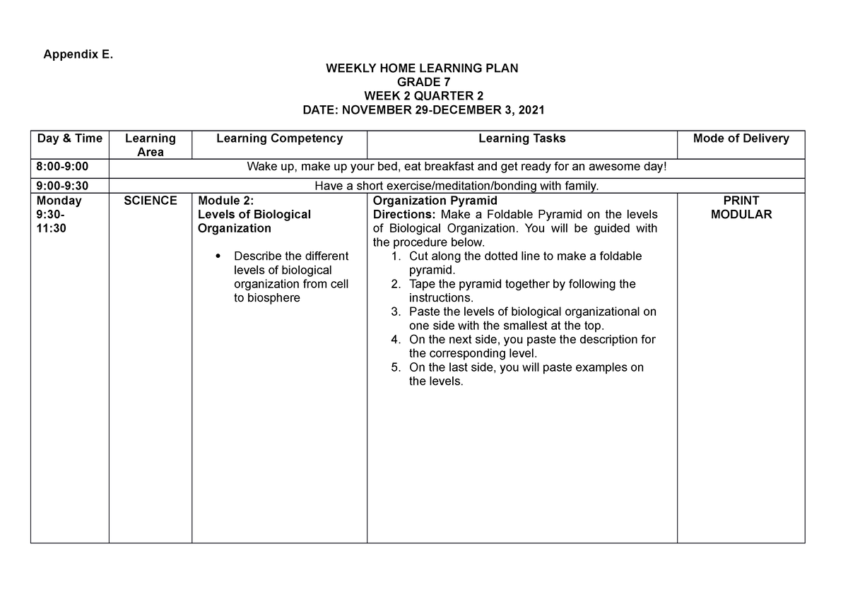 Week2 2 - DLL - Appendix E. WEEKLY HOME LEARNING PLAN GRADE 7 WEEK 2 ...