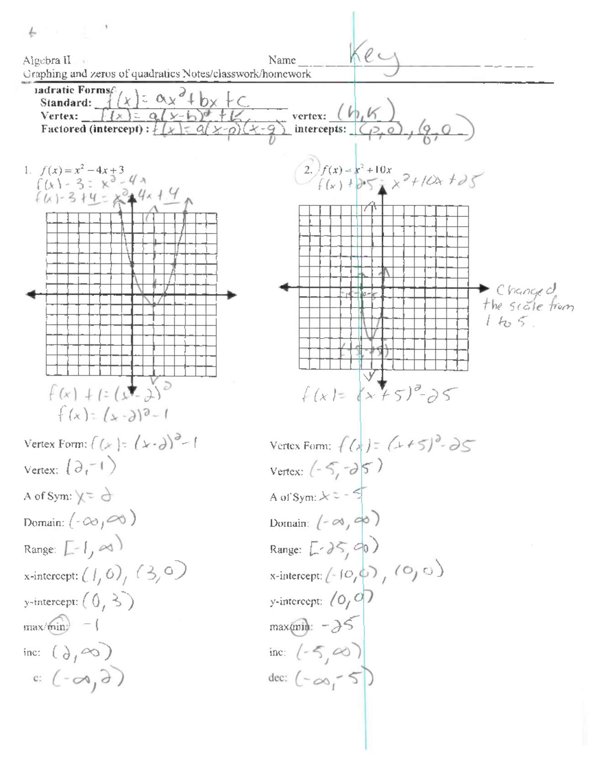 Graphing and Zeros of Quadratics WS Key - Algebra II Name Graphing and ...