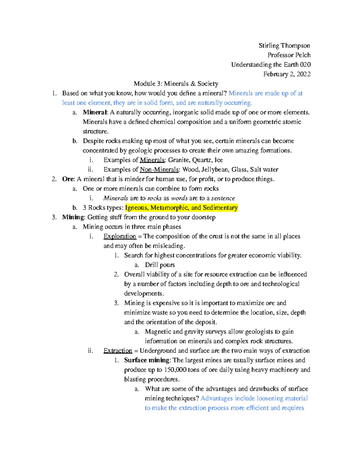Module 3 Minerals and Society - Stirling Thompson Professor Pelch ...