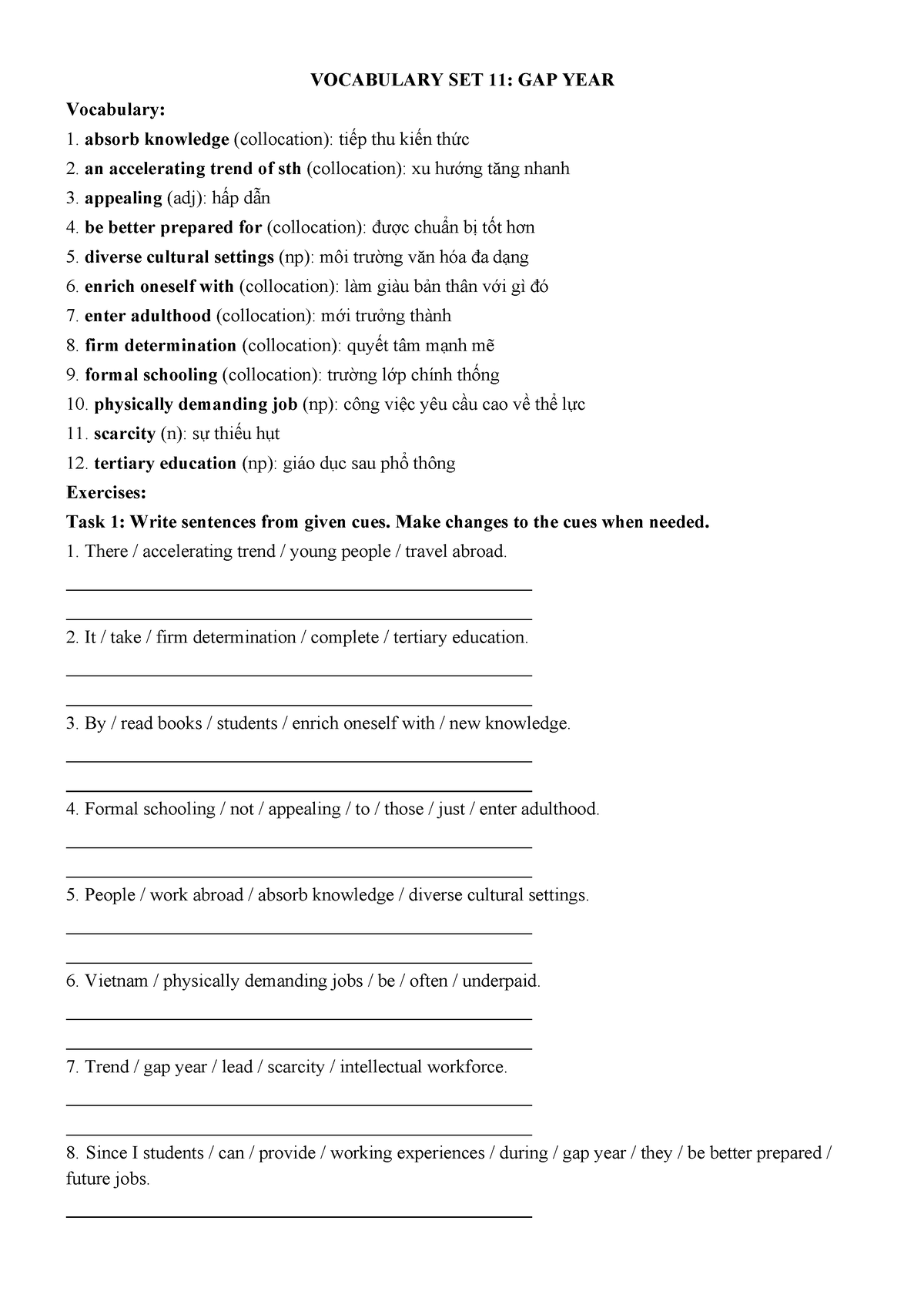 Vocabulary Set 11 - GAP YEAR - VOCABULARY SET 11: GAP YEAR Vocabulary ...