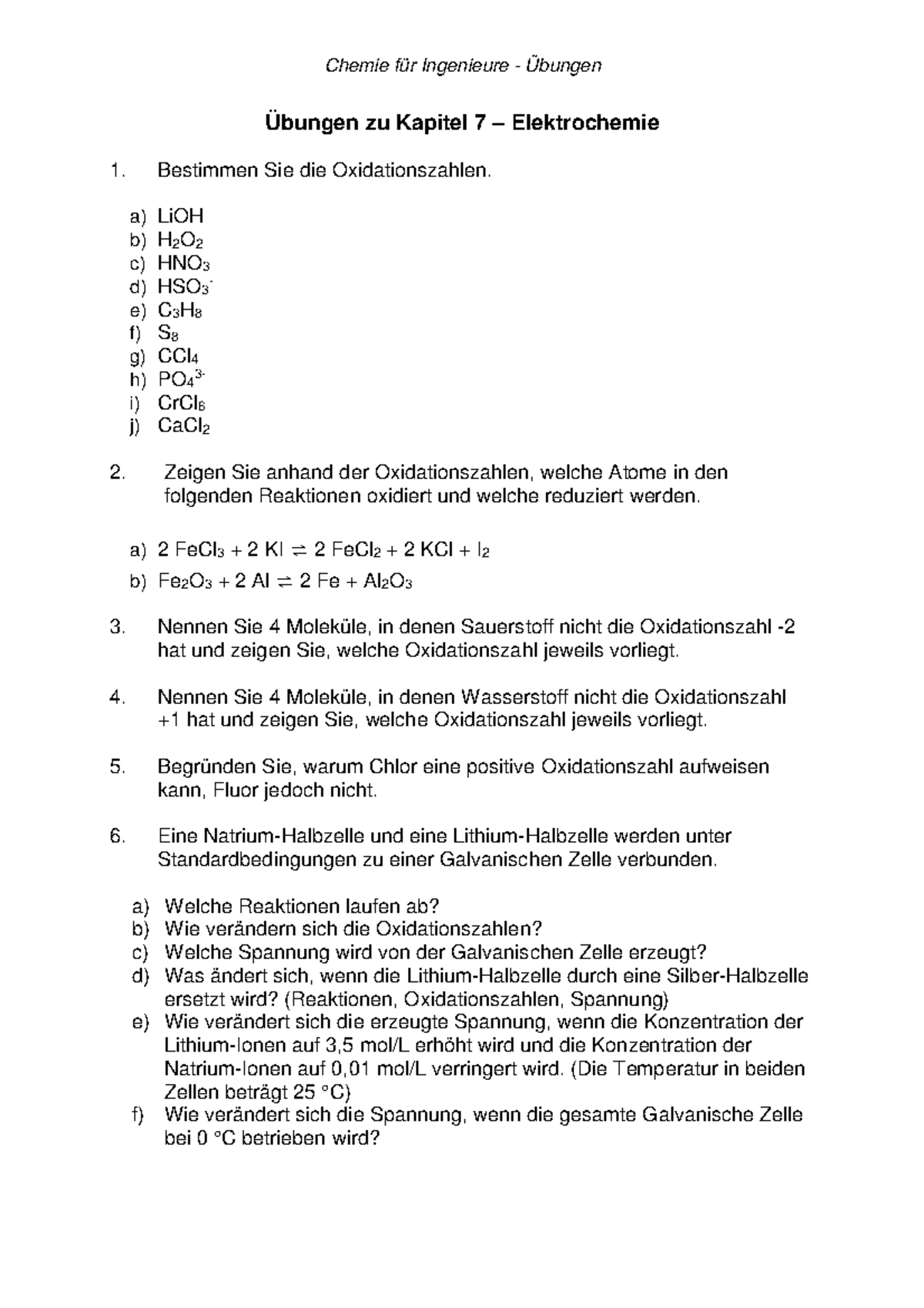 Übung 7 - Chemie Für Ingenieure - Übungen Übungen Zu Kapitel 7 ...