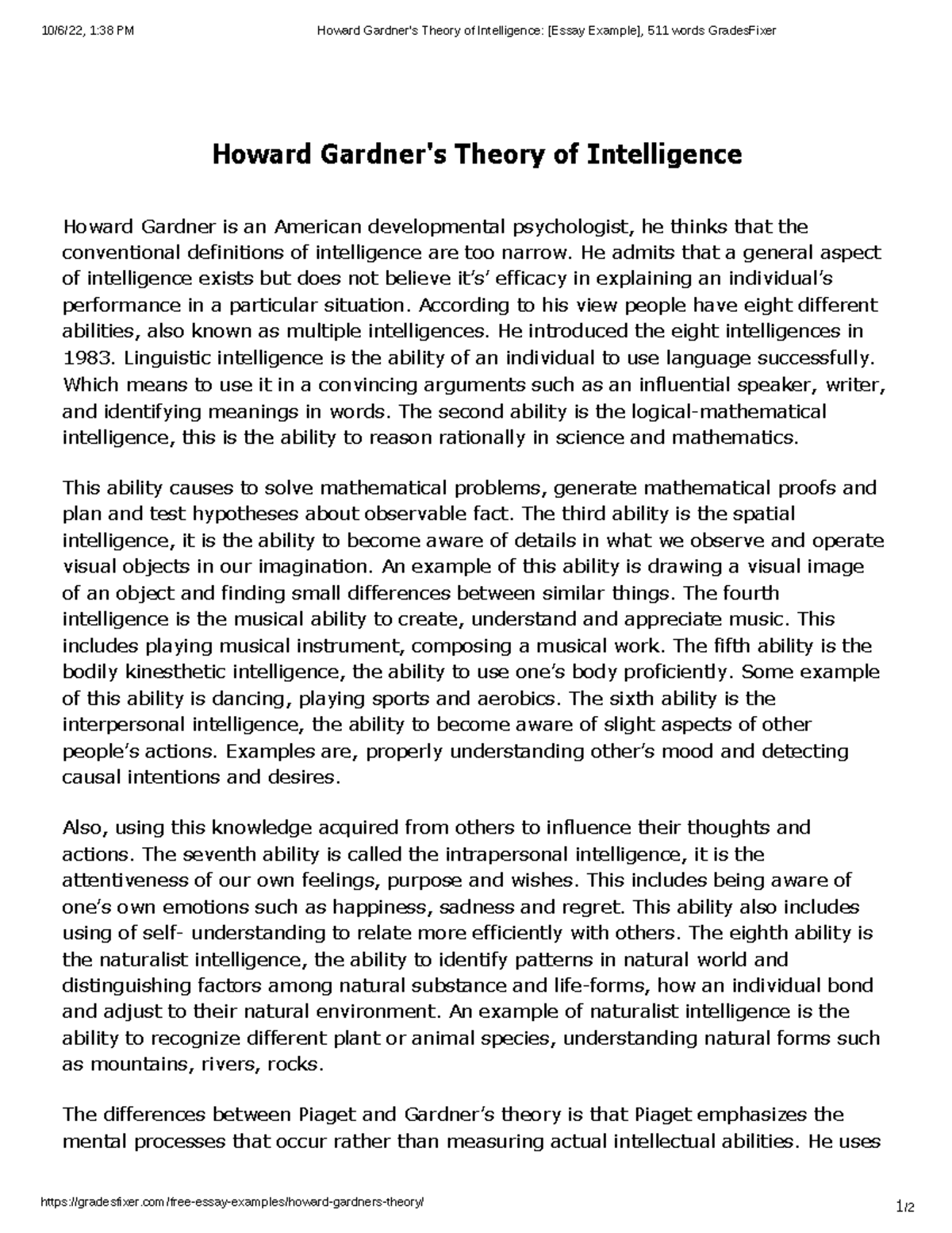 Howard Gardner s Theory of Intelligence Essay Example 511 words