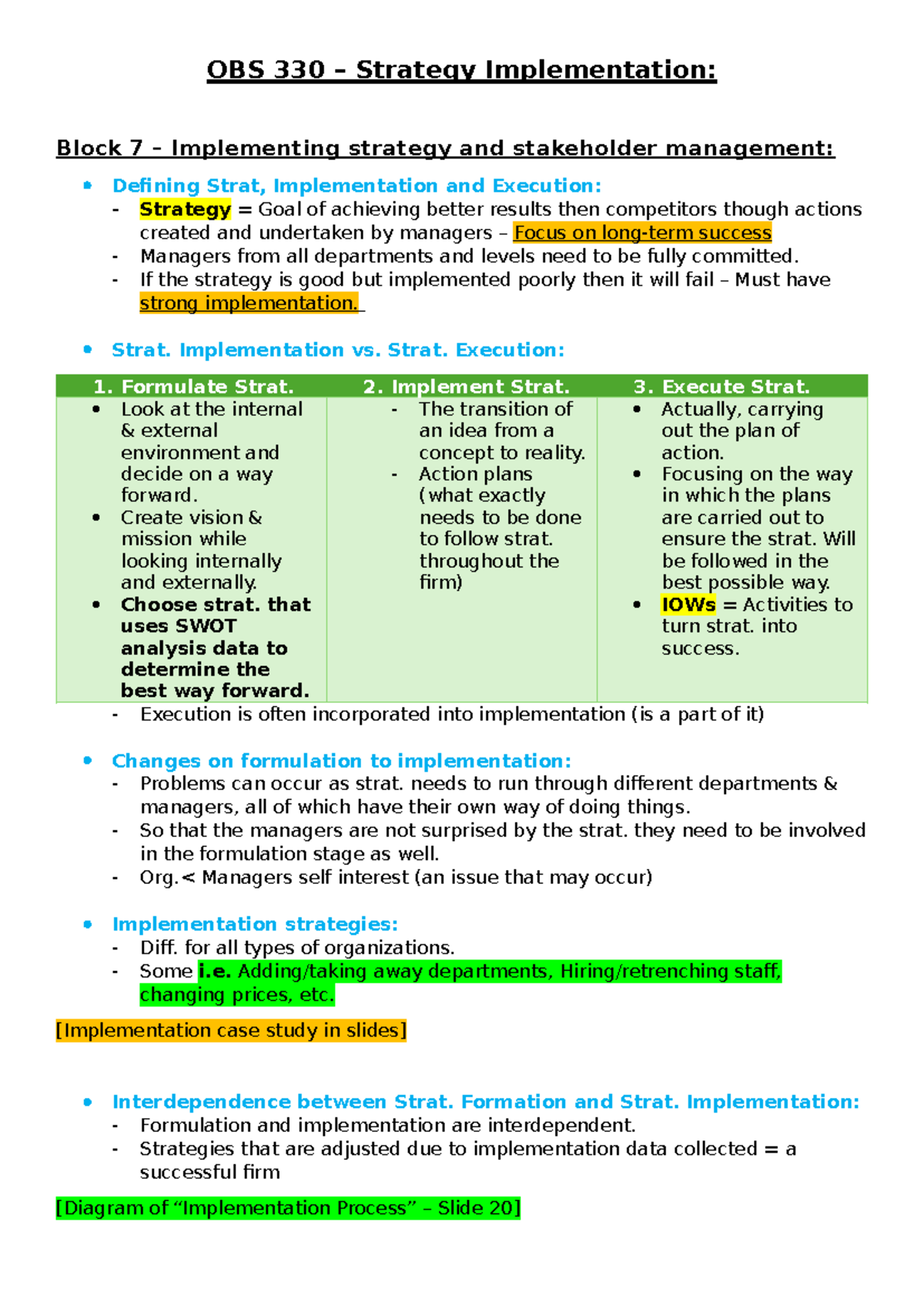 OBS 330 Summary Notes - OBS 330 – Strategy Implementation: Block 7 ...